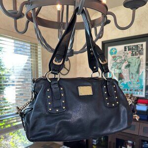 Michael Kors Studded Tumbled Black Leather Silver Twist Shoulder Bag, Dusty, EUC